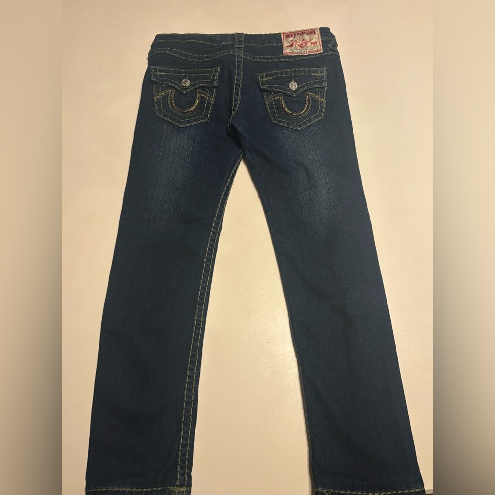 True Religion Dark Blue green camo stitching Y2K jeans